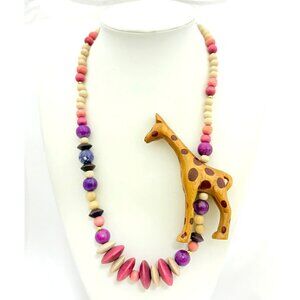 Hand Carved Wooden Giraffe Pendant Necklace With Pink & Purple Wood Beads